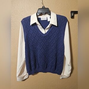 Womens Alfred Dunner Collared Vest 2 In 1 Sweater Navy Vintage 90s Sz Large